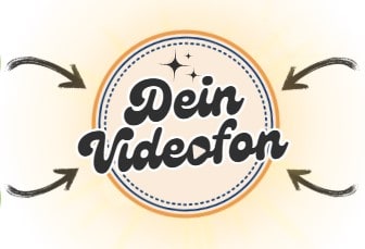 Kreisförmiges Logo mit dem Text Dein Videofon in stilisierter Schrift, umgeben von vier schwarzen, nach innen gerichteten Pfeilen und Glitzern über dem Text.