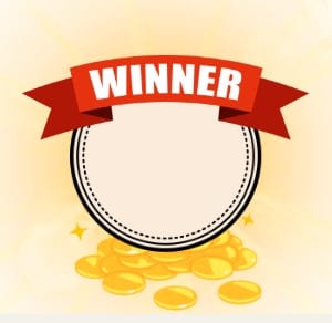 Ein rotes Band mit dem Wort WINNER über einem leeren Kreis, unter dem Goldmünzen verstreut sind.