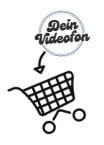 Schwarzer Umriss eines Einkaufswagens mit einem Pfeil, der von einer Sprechblase mit der Aufschrift Dein Videofon auf ihn zeigt.
