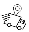 Strichzeichnung eines Lieferwagens mit Bewegungslinien und einer Standortnadel darüber, die auf einen schnellen Versand oder eine Verfolgung hinweist.