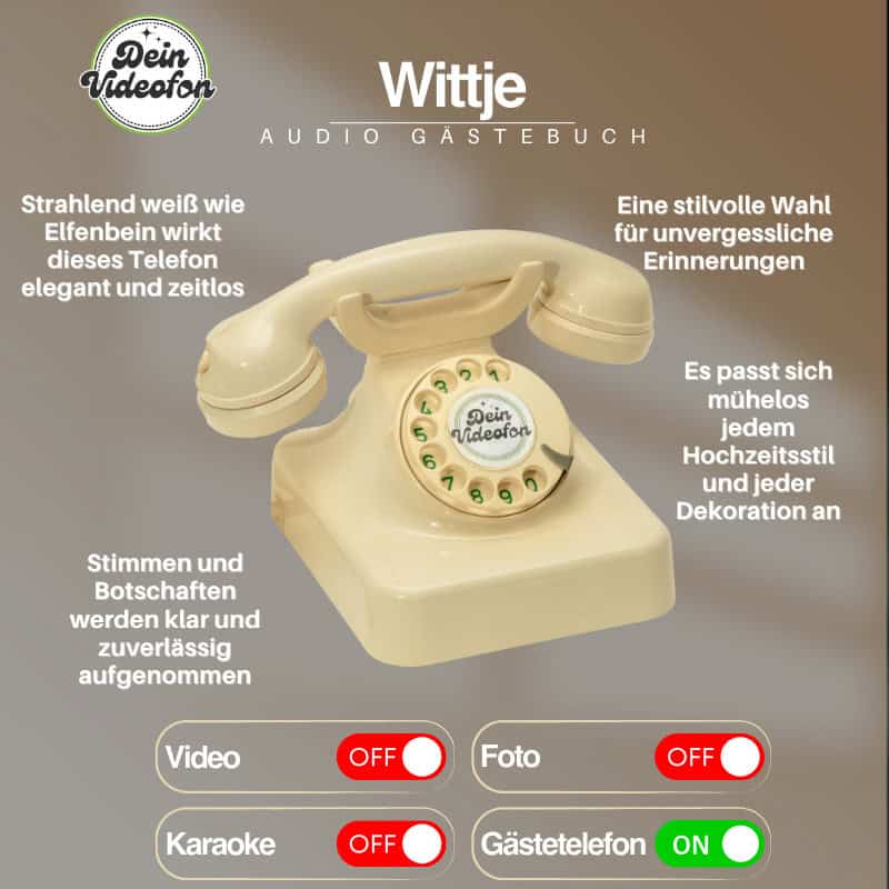 Cremeweißes Retro-Telefon als Audio-Gästebuch „Wittje“ von Dein Videofon. Nimmt Sprachnachrichten auf und ist die elegante Gästebuch-Alternative für Hochzeiten.