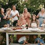 Eine Frau bläst die Kerzen auf einer 40 & fabulous Torte bei einer Party im Freien aus, umgeben von klatschenden Gästen; zwei Kinder spielen unter dem Tisch - die perfekte Inspiration für alle, die Ideen 40. Geburtstag anders zu feiern.