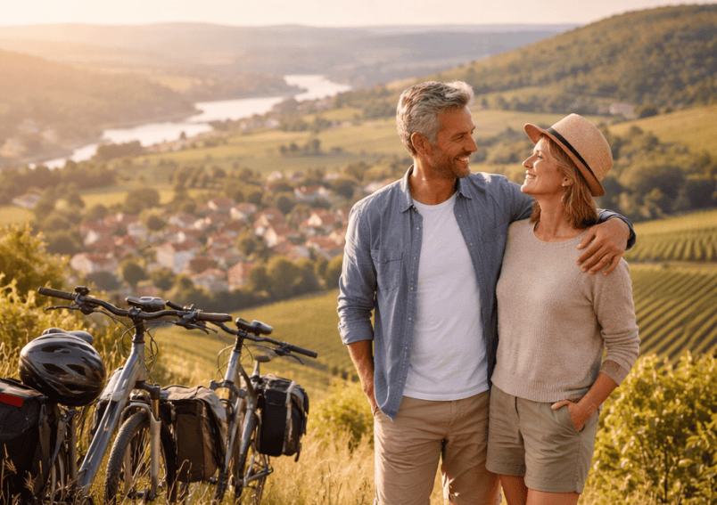 Ehepaar genießt gemeinsamen E-Bike-Wochenendtrip mit Picknick und Ausblick als persönliches Abschiedsgeschenk für den Chef