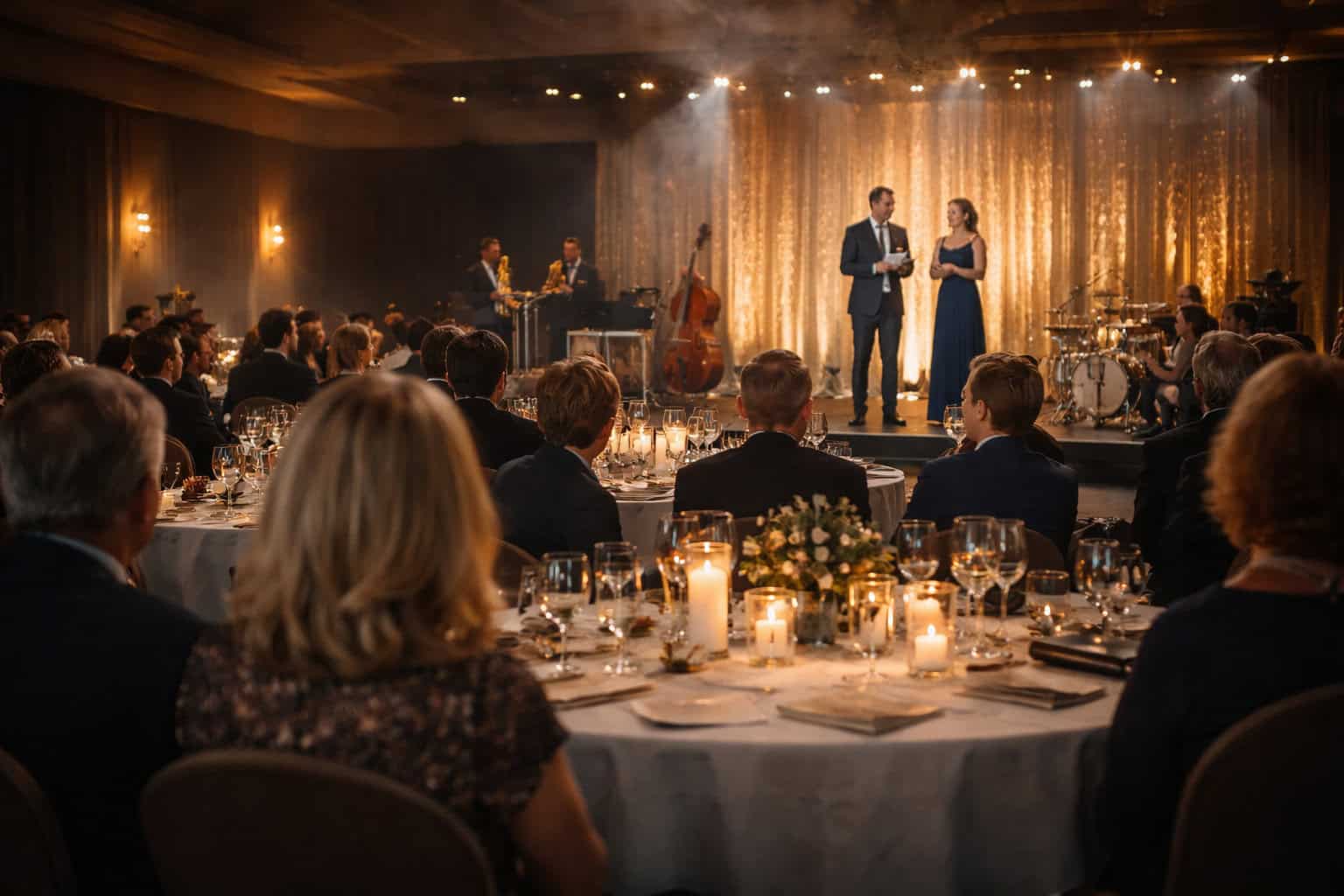Zwei Personen stehen auf der Bühne und sprechen zu einem sitzenden Publikum bei einem formellen Dinner-Event mit Live-Band und goldenem Paillettenvorhang im Hintergrund - die perfekte Inspiration für kreative Firmenjubiläum Ideen.