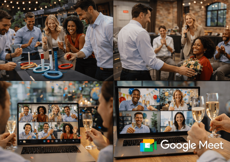 Hybrid-Firmenfeier mit globalem Team über Google Meet, bei der Mitarbeitende virtuell gemeinsam anstoßen und sich vernetzen