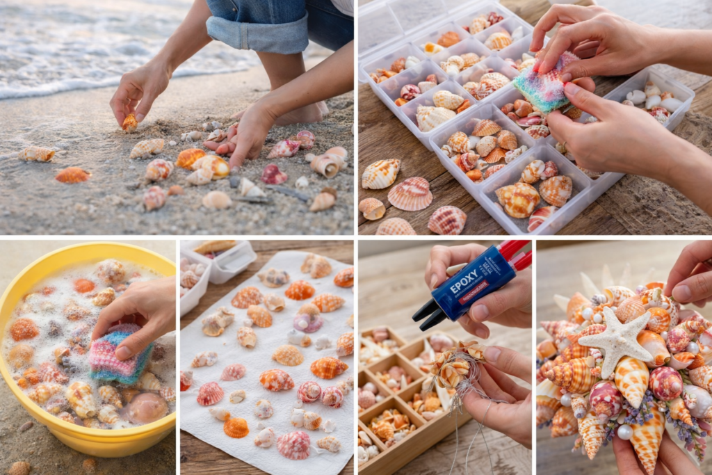 Schritt-für-Schritt-Anleitung zur Herstellung eines Muschelstraußes: Muscheln am Strand sammeln, sortieren, reinigen, trocknen und mit Blumendraht sowie starkem Zwei-Komponenten-Epoxidharz zu einem langlebigen Kranz binden.