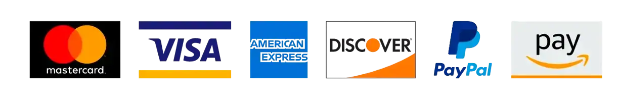 Logos für Mastercard, Visa, American Express, Discover, PayPal und Amazon Pay in einer Reihe auf einem weißen Hintergrund.