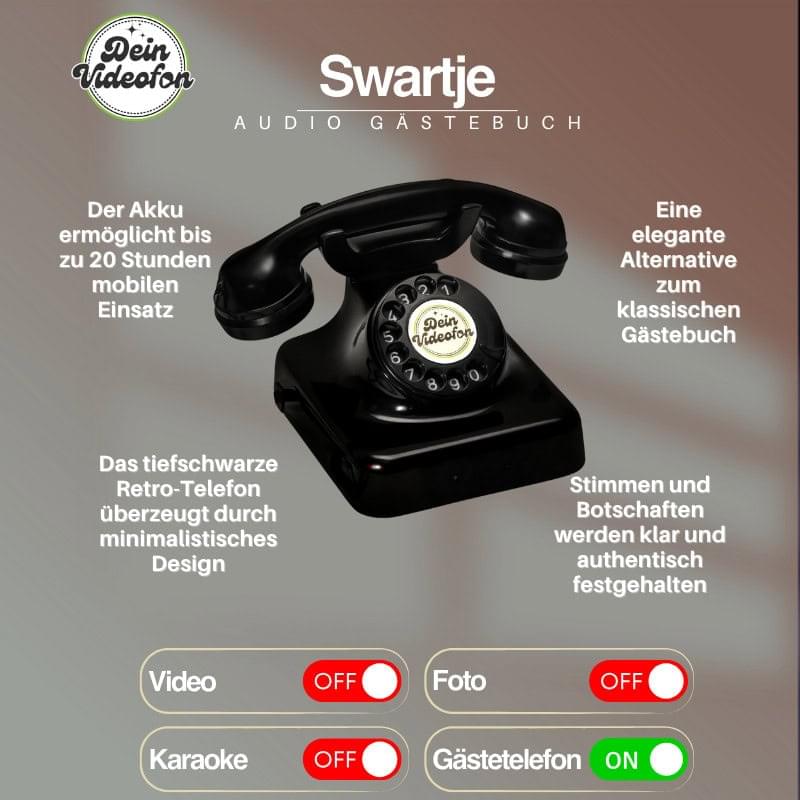Schwarzes Retro-Telefon als Audio-Gästebuch „Swartje“ von Dein Videofon. Nimmt Stimmen und Botschaften auf – elegante Alternative zum klassischen Gästebuch.