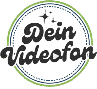 Kreisförmiges Logo mit dem Schriftzug Dein Videofon in schwarzer Schreibschrift, umgeben von einem grün und blau gestrichelten Rahmen und drei glitzernden Symbolen oberhalb des Textes.