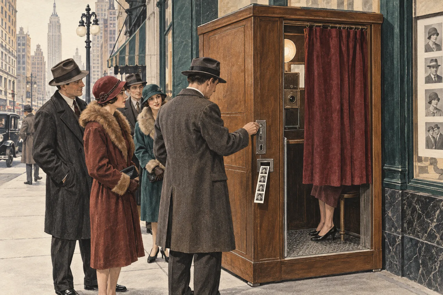Karikatur eines Fotoautomaten auf dem Broadway im Jahr 1925 mit wartenden Menschen und Fotostreifen