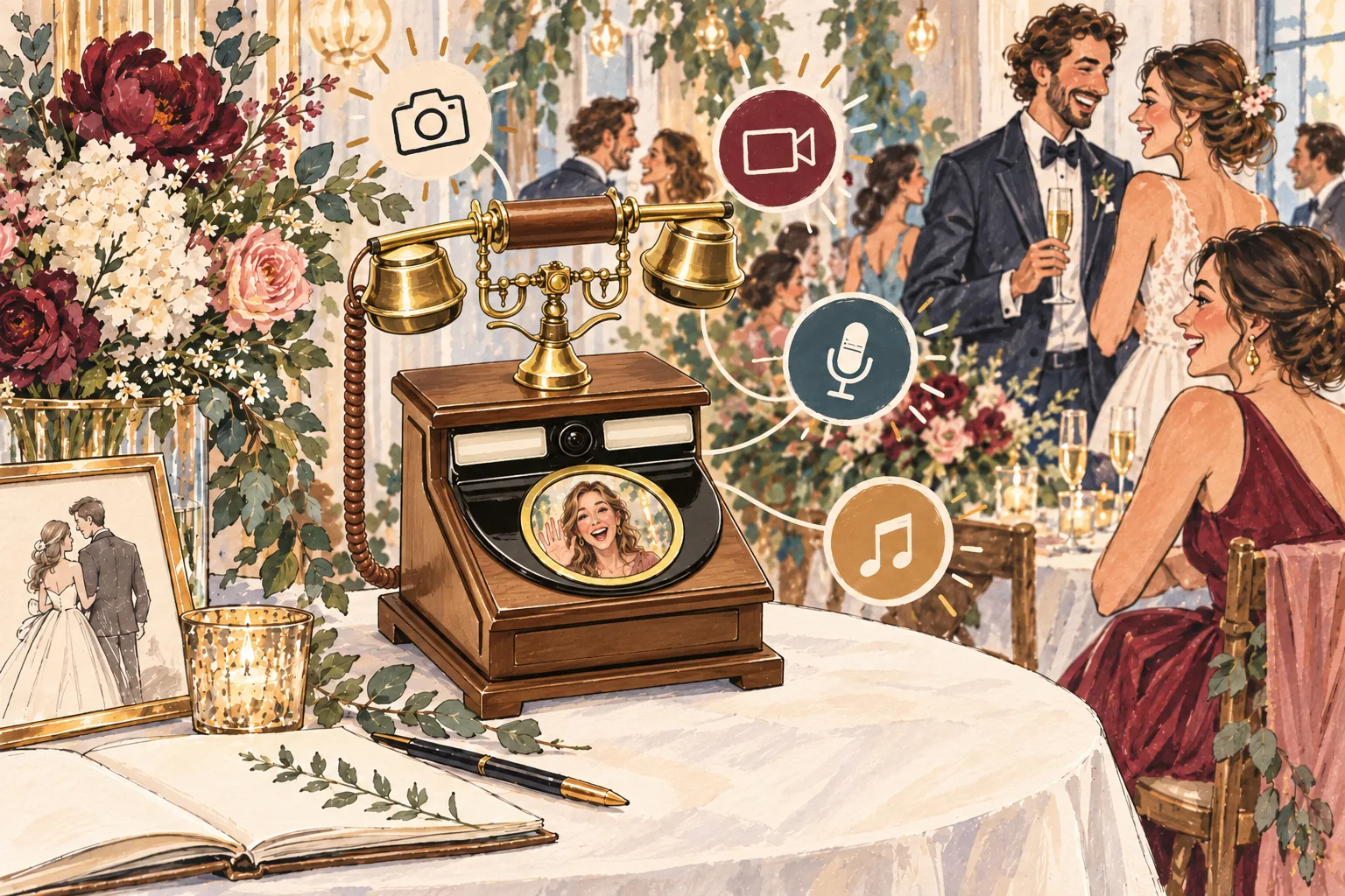 Karikatur des braun-goldenen Videofons als Videogästebuch auf einer Hochzeit